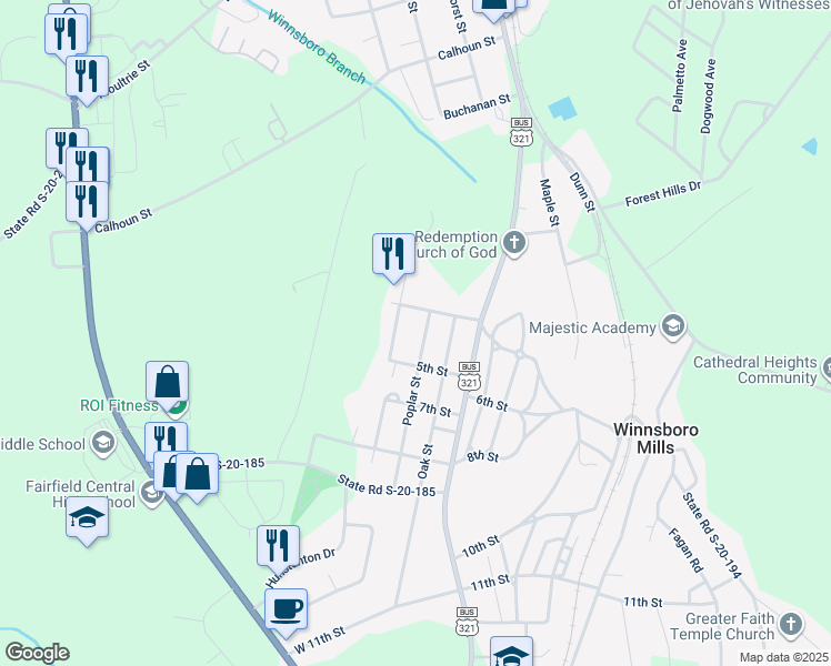 map of restaurants, bars, coffee shops, grocery stores, and more near 245 Poplar Street in Winnsboro