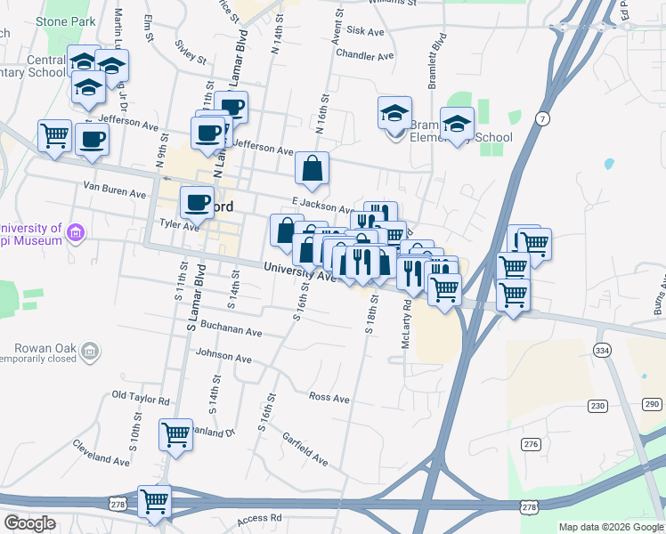map of restaurants, bars, coffee shops, grocery stores, and more near 1711c University Avenue in Oxford