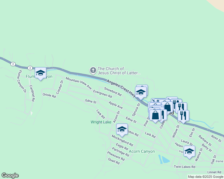 map of restaurants, bars, coffee shops, grocery stores, and more near 980 Snowbird Road in Wrightwood