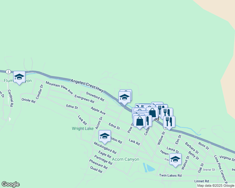 map of restaurants, bars, coffee shops, grocery stores, and more near 1112 California 2 in Wrightwood