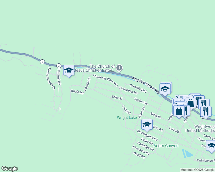 map of restaurants, bars, coffee shops, grocery stores, and more near 773 Evergreen Road in Wrightwood
