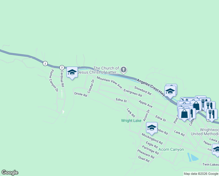 map of restaurants, bars, coffee shops, grocery stores, and more near 773 Evergreen Road in Wrightwood