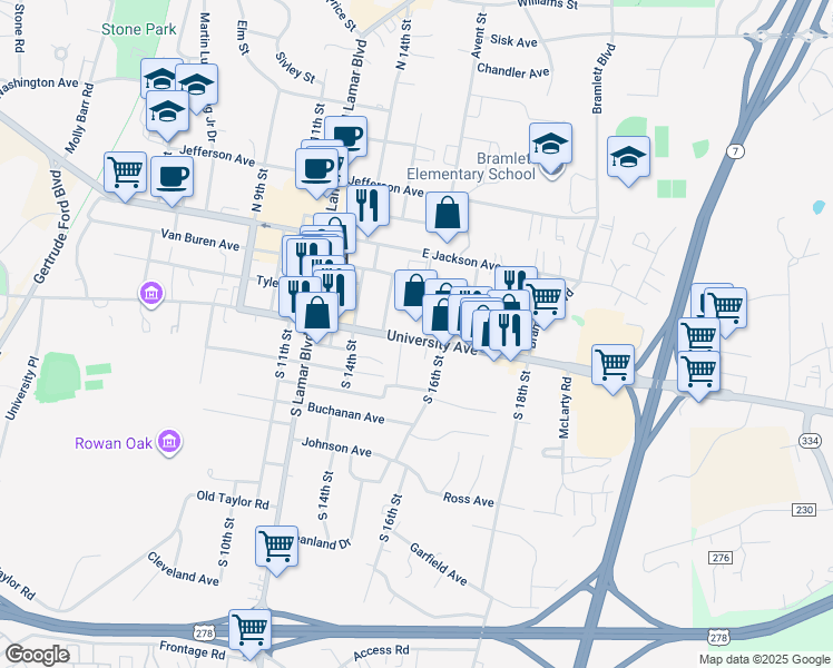 map of restaurants, bars, coffee shops, grocery stores, and more near 1525 University Avenue in Oxford