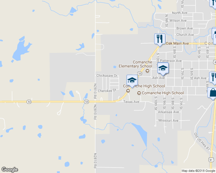 map of restaurants, bars, coffee shops, grocery stores, and more near 205 Comanche Drive in Comanche