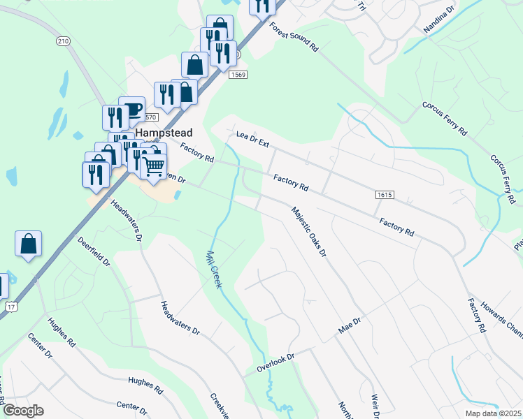 map of restaurants, bars, coffee shops, grocery stores, and more near 469 Dan Owen Drive in Hampstead