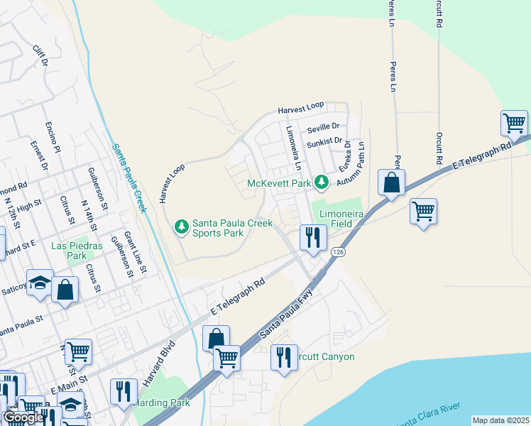 map of restaurants, bars, coffee shops, grocery stores, and more near 344 Campbell Court in Santa Paula
