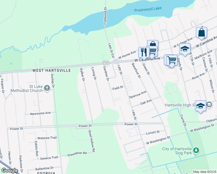 map of restaurants, bars, coffee shops, grocery stores, and more near 143 Gardner Drive in Hartsville