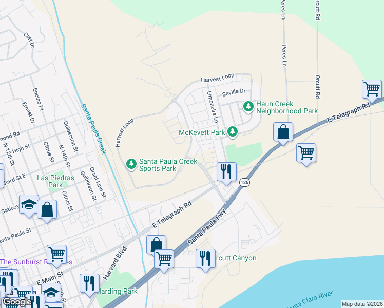 map of restaurants, bars, coffee shops, grocery stores, and more near 344 Campbell Court in Santa Paula