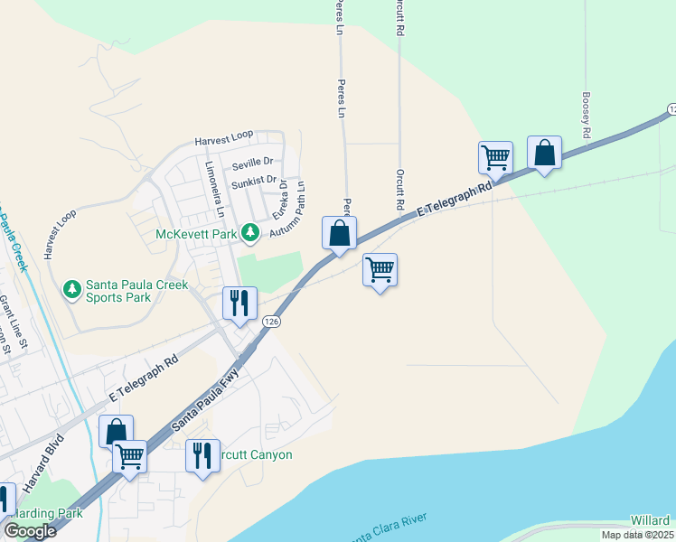 map of restaurants, bars, coffee shops, grocery stores, and more near 18492 East Telegraph Road in Santa Paula