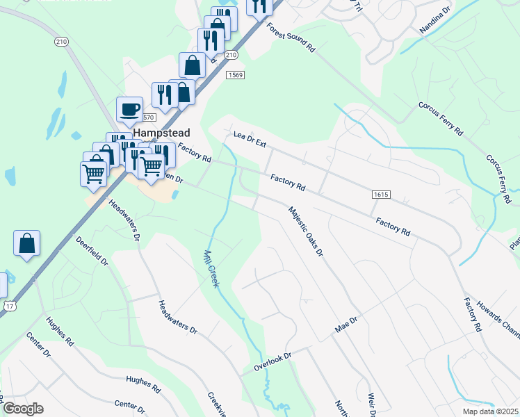 map of restaurants, bars, coffee shops, grocery stores, and more near 469 Dan Owen Drive in Hampstead