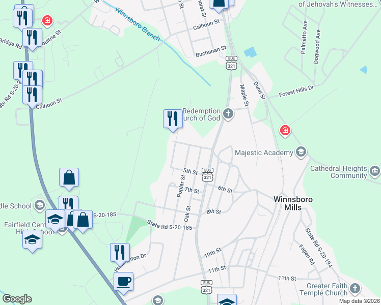 map of restaurants, bars, coffee shops, grocery stores, and more near 245 Poplar Street in Winnsboro