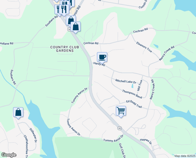 map of restaurants, bars, coffee shops, grocery stores, and more near 3466 Mill Creek Road in Gainesville