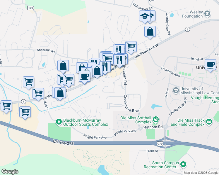 map of restaurants, bars, coffee shops, grocery stores, and more near 1802 Jackson Avenue West in Oxford