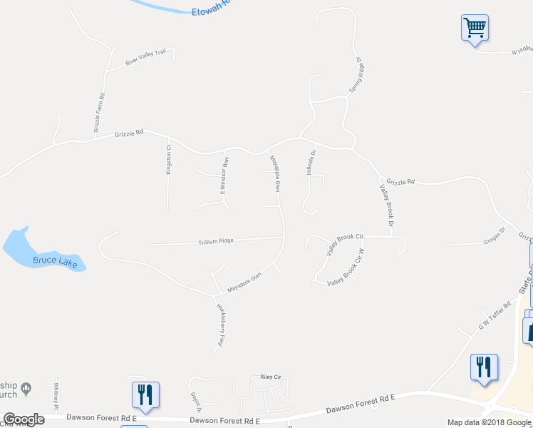 map of restaurants, bars, coffee shops, grocery stores, and more near 33 Goldenrod Overlook in Dawsonville