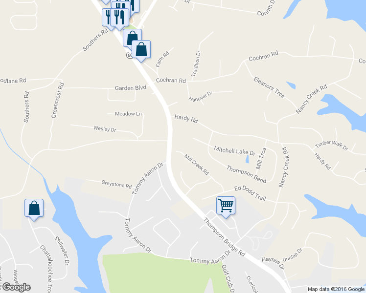 map of restaurants, bars, coffee shops, grocery stores, and more near 3466 Mill Creek Road in Gainesville