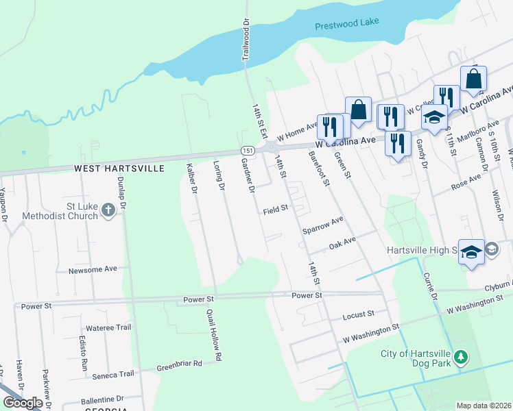 map of restaurants, bars, coffee shops, grocery stores, and more near 143 Gardner Drive in Hartsville