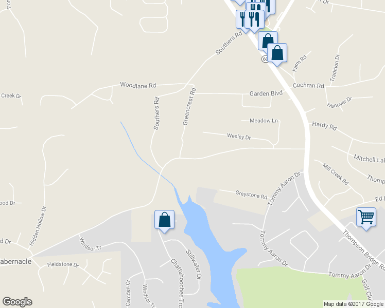map of restaurants, bars, coffee shops, grocery stores, and more near 3664 Ledan Road in Gainesville