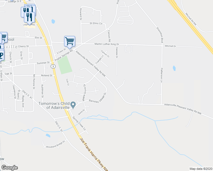 map of restaurants, bars, coffee shops, grocery stores, and more near 66 Barnsley Village Drive in Adairsville