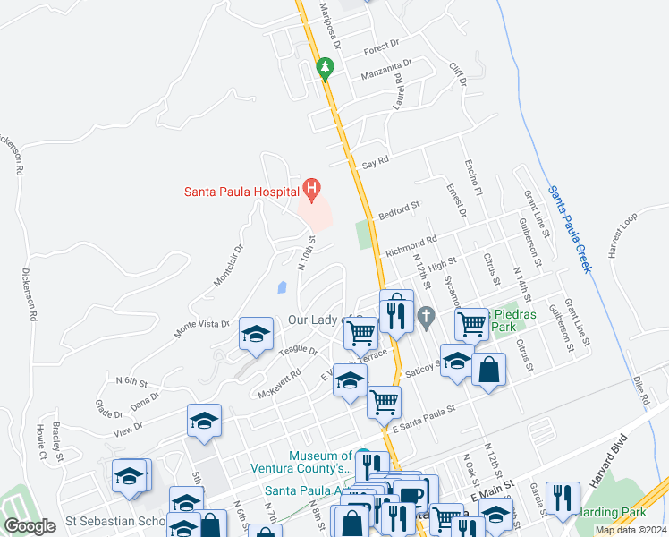 map of restaurants, bars, coffee shops, grocery stores, and more near 996 Terracina Drive in Santa Paula