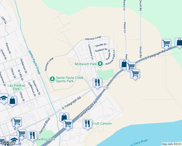 map of restaurants, bars, coffee shops, grocery stores, and more near 342 Fuerte Drive in Santa Paula
