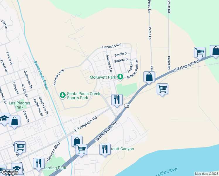 map of restaurants, bars, coffee shops, grocery stores, and more near 342 Fuerte Drive in Santa Paula