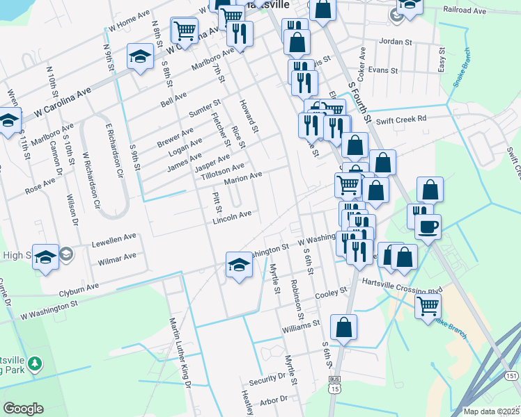 map of restaurants, bars, coffee shops, grocery stores, and more near 734 Hudson Street in Hartsville