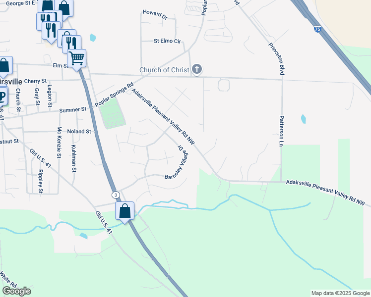 map of restaurants, bars, coffee shops, grocery stores, and more near 66 Barnsley Village Drive in Adairsville