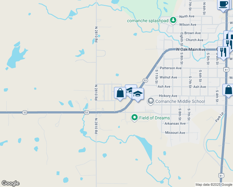 map of restaurants, bars, coffee shops, grocery stores, and more near 205 Comanche Drive in Comanche