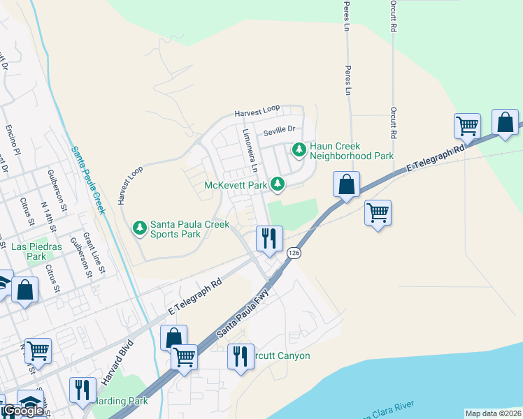 map of restaurants, bars, coffee shops, grocery stores, and more near 338 Limoneira Lane in Santa Paula