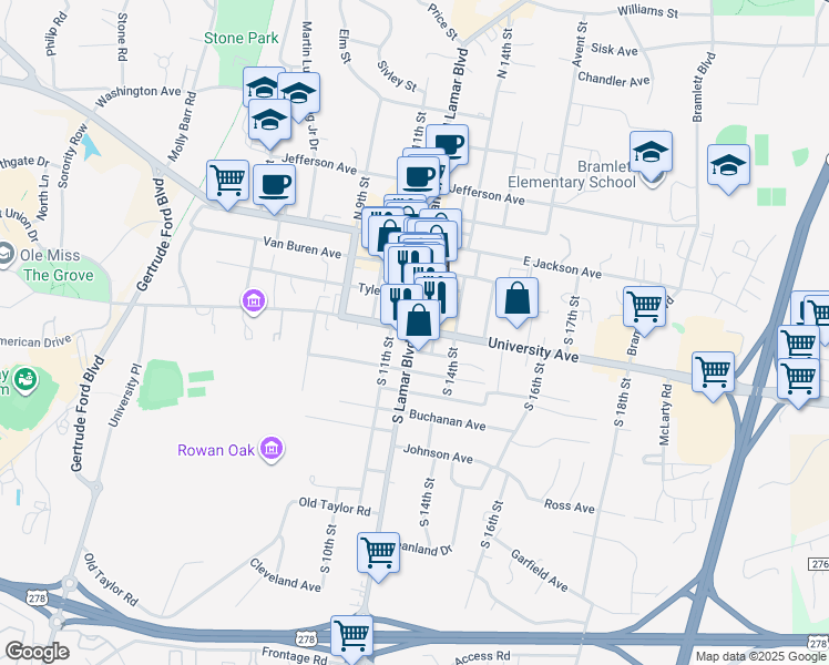 map of restaurants, bars, coffee shops, grocery stores, and more near 517 S Lamar Blvd in Oxford