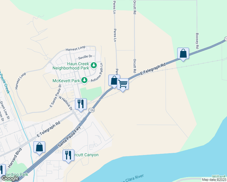 map of restaurants, bars, coffee shops, grocery stores, and more near 18492 East Telegraph Road in Santa Paula
