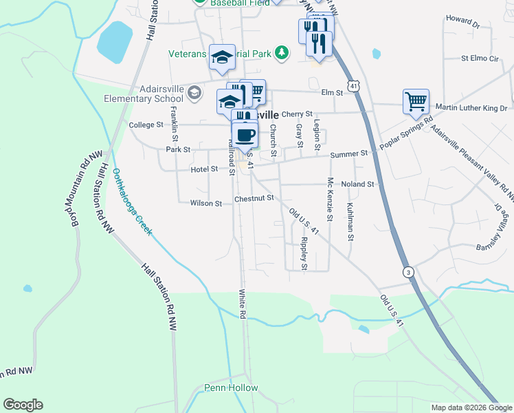map of restaurants, bars, coffee shops, grocery stores, and more near 304 South Main Street in Adairsville