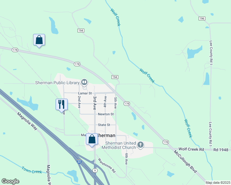map of restaurants, bars, coffee shops, grocery stores, and more near 112 East Lamar Street in Blue Springs