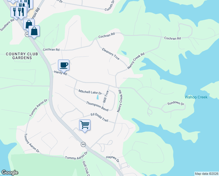 map of restaurants, bars, coffee shops, grocery stores, and more near 3625 Thompson Bend in Gainesville