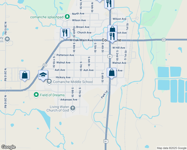map of restaurants, bars, coffee shops, grocery stores, and more near 410-412 Hickory Avenue in Comanche