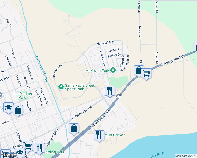 map of restaurants, bars, coffee shops, grocery stores, and more near 363 Allen Drive in Santa Paula