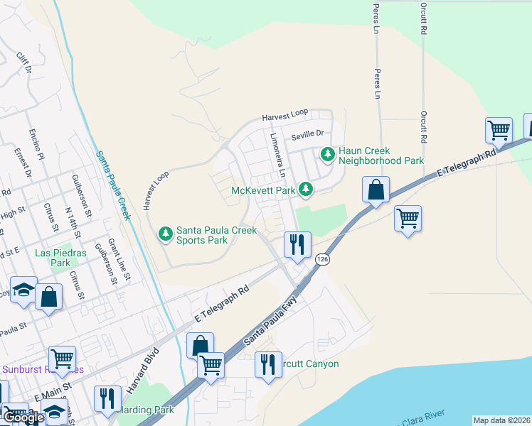 map of restaurants, bars, coffee shops, grocery stores, and more near 363 Allen Drive in Santa Paula