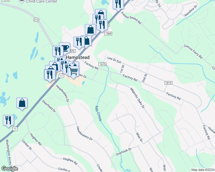 map of restaurants, bars, coffee shops, grocery stores, and more near 399 Dan Owen Drive in Hampstead