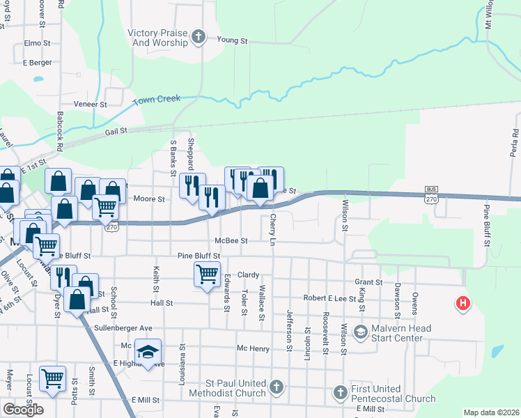 map of restaurants, bars, coffee shops, grocery stores, and more near 1129 East Page Avenue in Malvern