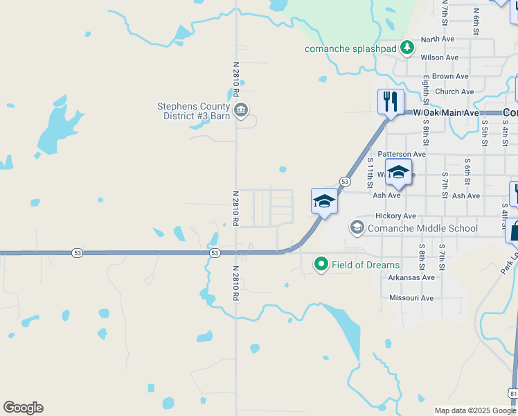 map of restaurants, bars, coffee shops, grocery stores, and more near 110 Seminole Drive in Comanche