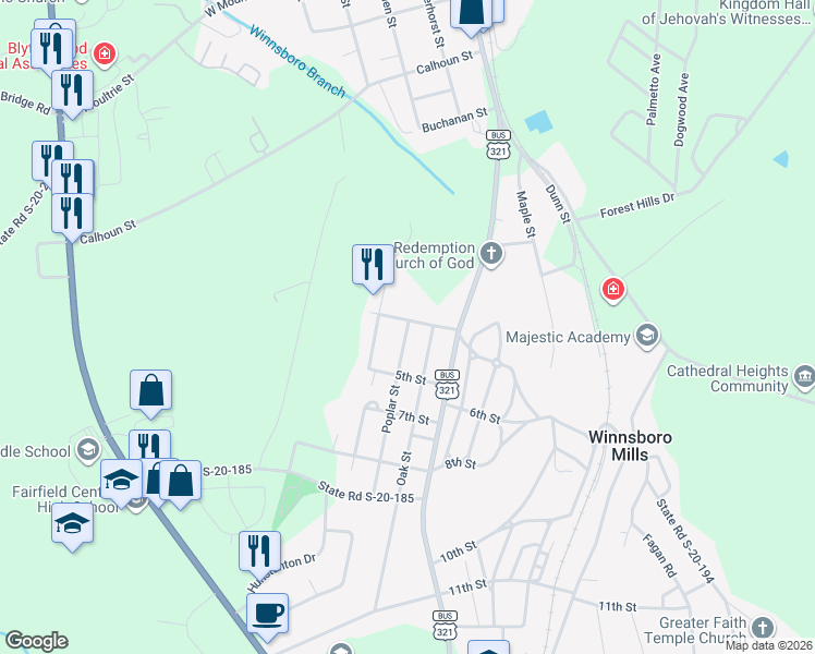 map of restaurants, bars, coffee shops, grocery stores, and more near 245 Poplar Street in Winnsboro