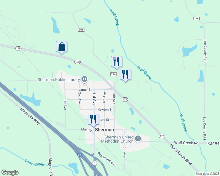map of restaurants, bars, coffee shops, grocery stores, and more near 106-112 Lamar Street in Blue Springs
