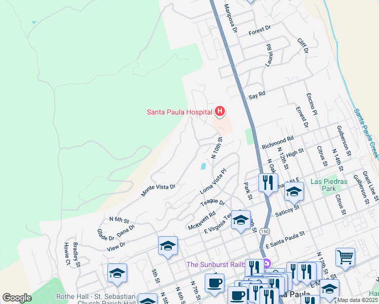 map of restaurants, bars, coffee shops, grocery stores, and more near 864 Montclair Drive in Santa Paula