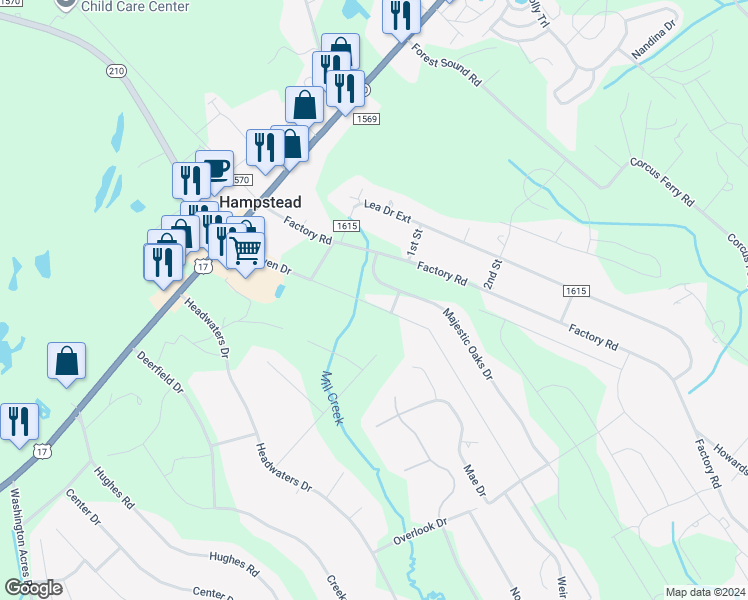 map of restaurants, bars, coffee shops, grocery stores, and more near 399 Dan Owen Drive in Hampstead