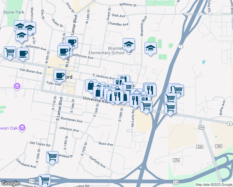 map of restaurants, bars, coffee shops, grocery stores, and more near 201 South 18th Street in Oxford