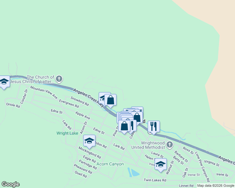map of restaurants, bars, coffee shops, grocery stores, and more near 0 Apple Vista Drive in Wrightwood