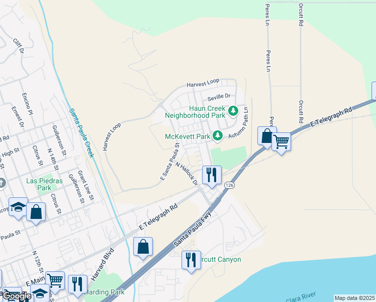 map of restaurants, bars, coffee shops, grocery stores, and more near 371 Allen Drive in Santa Paula