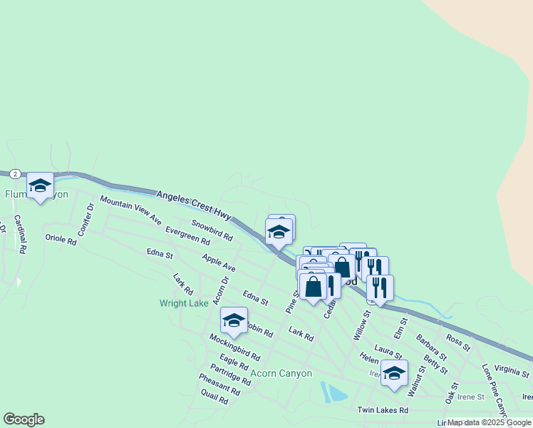 map of restaurants, bars, coffee shops, grocery stores, and more near 1112 California 2 in Wrightwood