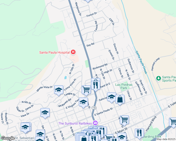 map of restaurants, bars, coffee shops, grocery stores, and more near 700 Santa Paula Ojai Road in Santa Paula