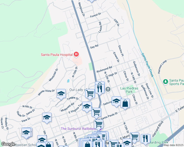 map of restaurants, bars, coffee shops, grocery stores, and more near 700 Ojai Road in Santa Paula